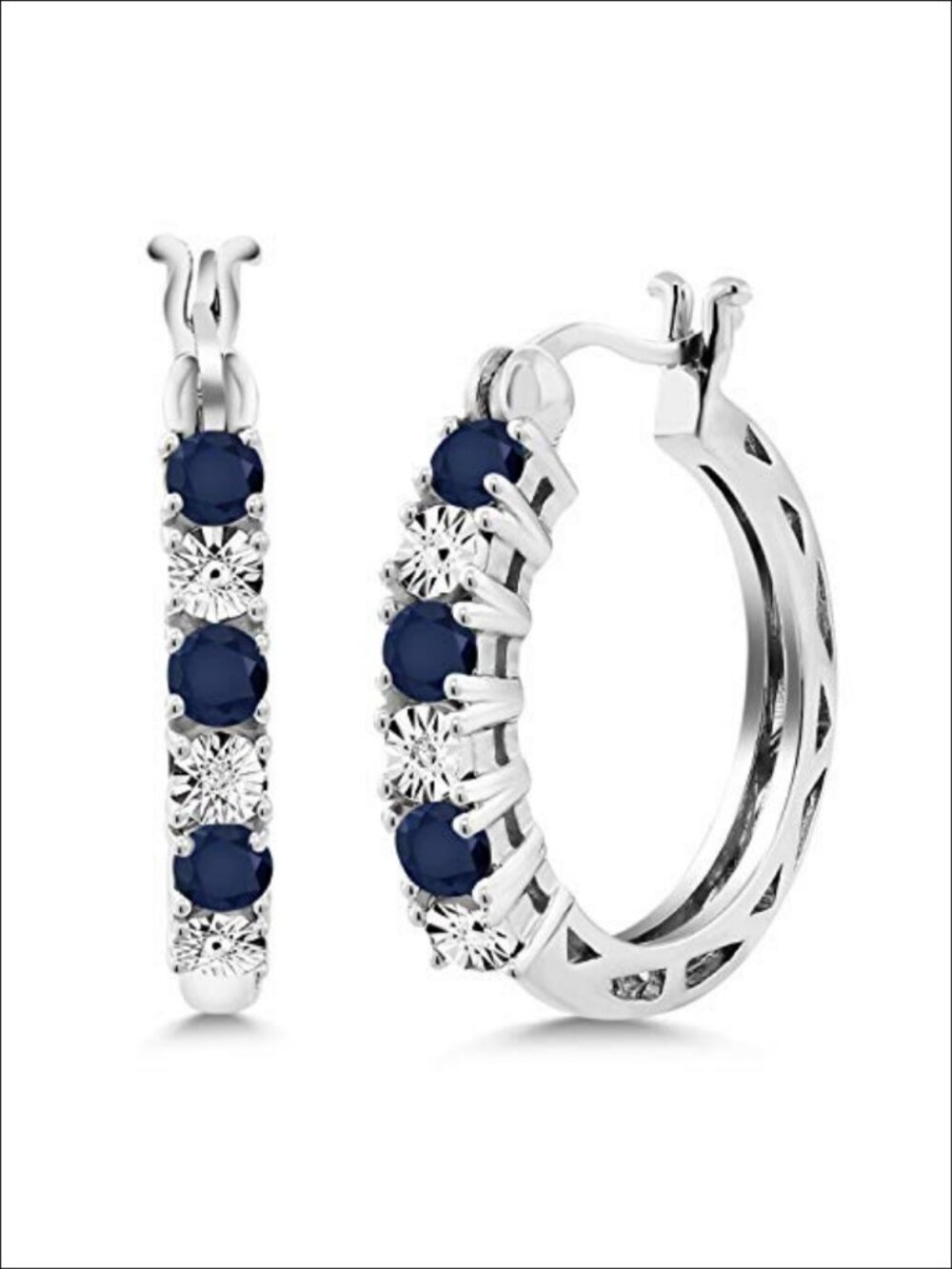 925 Sterling Silver Blue Sapphire Lab Grown Diamond Hoop Earrings